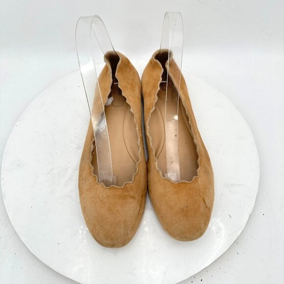 Chloe Scalloped Women Size EU 38 US 8 Brown Leather Slip On Ballet Flat Shoes - Picture 1 of 11